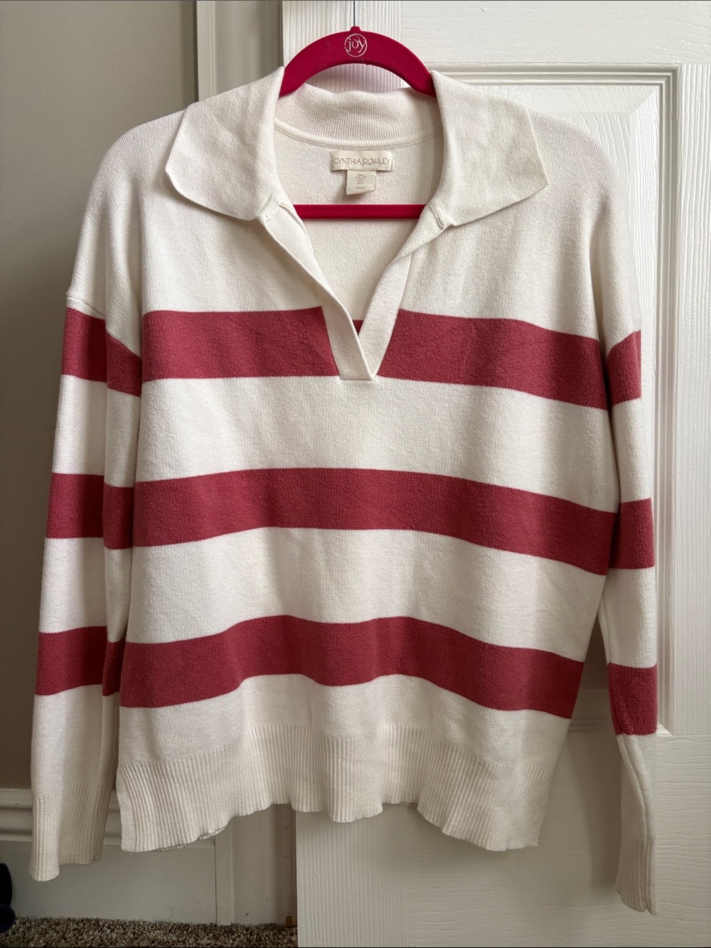 Cynthia Rowley Cream and Rose-Red Striped Polo Sweater